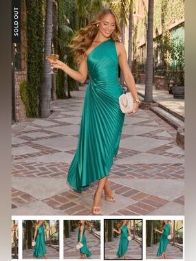 Vici One-Shoulder Emerald Green Pleated Gown
